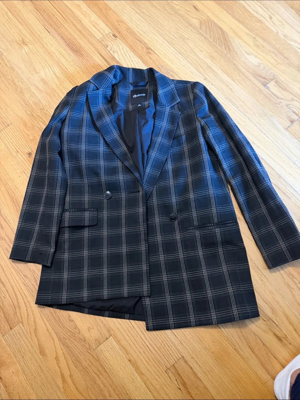 Madewell Blue & Gray Plaid Double-Breasted Blazer